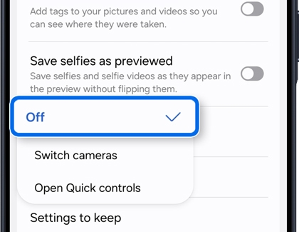 A camera settings menu on a Galaxy A series phone screen with the Off option highlighted in a blue rectangle.