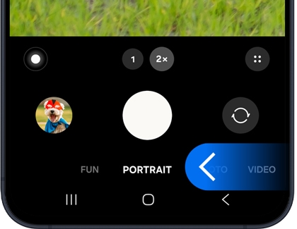 A Galaxy A series phone screen showing the camera app with a blue arrow pointing to the Portrait mode option.