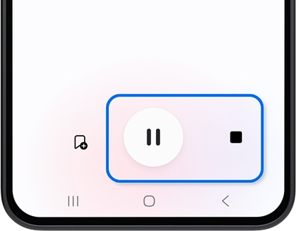 A Galaxy phone screen showing a white pause button and a black stop button enclosed in a blue rectangular outline.