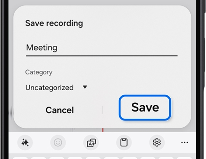 A Galaxy phone screen showing a save recording window with the word Meeting typed in and the save button outlined in blue.