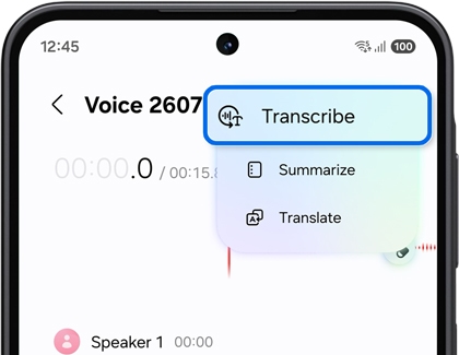 A Galaxy phone screen showing a voice recording menu with the transcribe option highlighted inside a blue outline.
