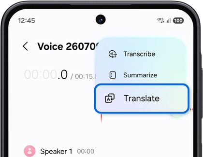 A Galaxy phone screen showing a voice recording menu with the translate option highlighted inside a blue outline.