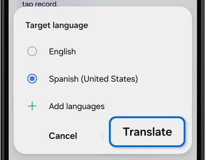A Galaxy phone screen showing a target language selection menu with Spanish selected and a translate button outlined in blue.