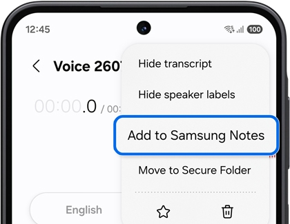 A Galaxy phone screen showing an options menu with the add to Samsung Notes option highlighted inside a blue outline.