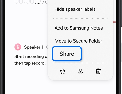 A Galaxy phone screen showing a voice recorder menu with the Share option highlighted inside a blue circular outline at the bottom.