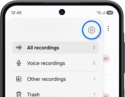 A Galaxy phone showing a voice recorder drawer menu with a settings gear icon highlighted inside a blue circular outline.