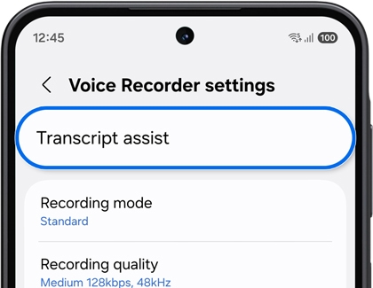 A Galaxy phone showing the Voice Recorder settings screen with the Transcript assist option highlighted inside a blue rounded outline.
