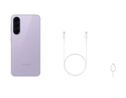A purple Galaxy A series phone shown from the back next to a white USB C cable and a metal SIM ejection tool.