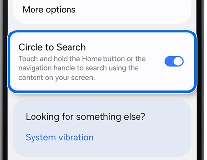 Settings menu showing the Circle to Search toggle switch in the on position with a blue border.