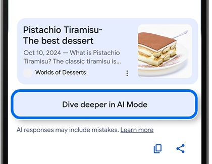 Search result for Pistachio Tiramisu with a blue border highlighting the Dive deeper in AI Mode box.