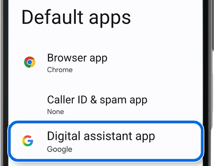 Default apps menu on a phone with the Digital assistant app option highlighted by a blue border.