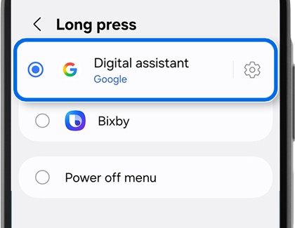 Digital assistant selection menu with the Google option selected and highlighted by a blue border.