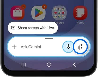Gemini assistant bar on a home screen with a blue circle highlighting the Gemini Live sparkle icon.