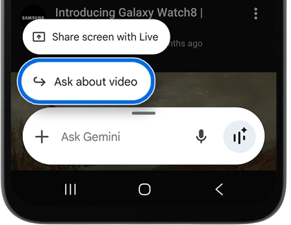 Gemini assistant overlay on a video with the Ask about video option highlighted by a blue border.