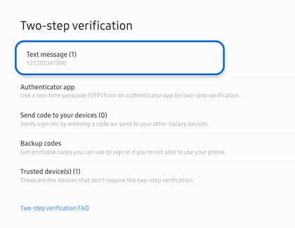 Samsung two-step verification screen with 