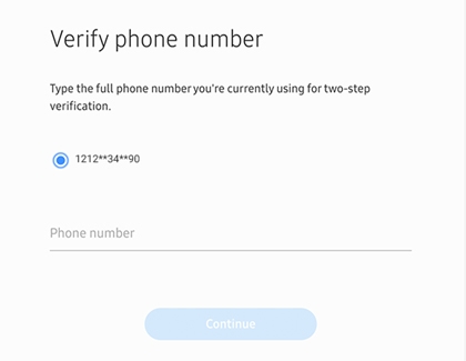 Samsung verification screen prompting to verify phone number for two-step verification.