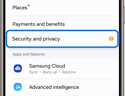 Security and Privacy section in Samsung settings with the option for Two-step verification highlighted.