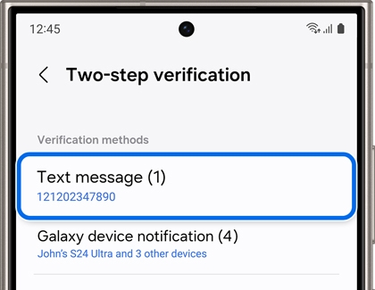 Two-step verification settings on a Samsung device, focusing on the Text message option for receiving verification codes.