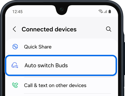 Auto switch Buds option selected in the Connected device menu setting on a Galaxy phone