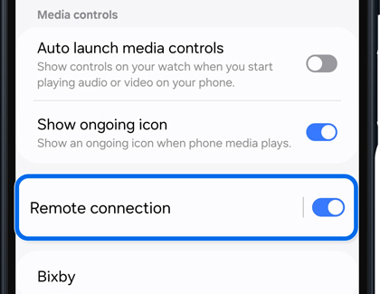 Remote connection option selected in the Watch settings menu in the Galaxy Wearable app.