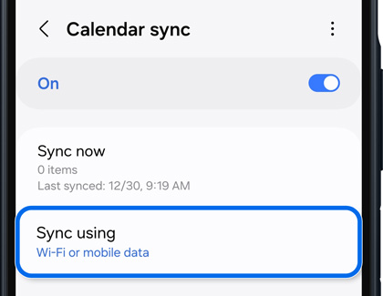 Calendar sync settings with the option to toggle between syncing via Wi-Fi or mobile data.