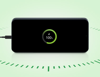 A Galaxy A16 5G displaying a 100 percent charge.