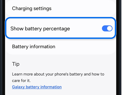 Battery percentage toggle in charging settings.