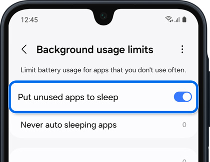 Toggle to put unused apps to sleep under background usage limits.