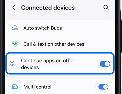 Continue apps on other devices option select in the Connected device menu on a Galaxy A16.