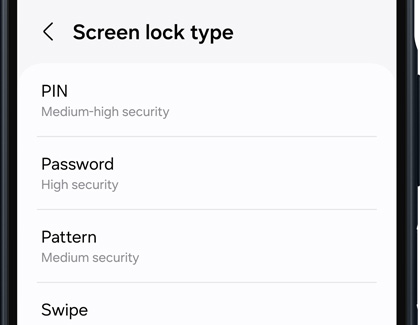 Various screen lock types, including PIN, Password, Pattern, and Swipe.
