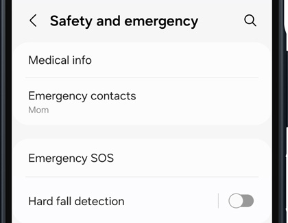 Safety and Emergency menu showing medical info and SOS options.