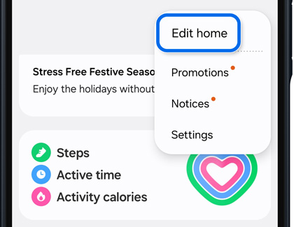 Edit home option being selected from the More options menu in the Samsung Health app on a Galaxy A16.