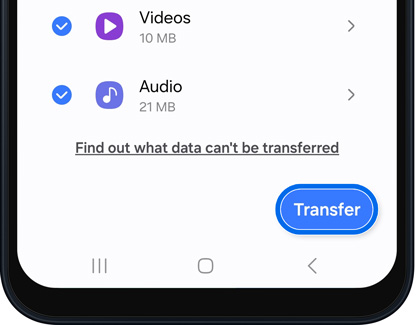 A Samsung phone screen shows the option to transfer selected data, including videos and audio files, with a 