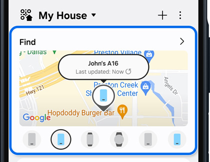 Samsung phone displaying the SmartThings Find app with a map and connected devices.