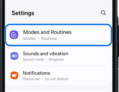 Modes and Routines selected in the Settings menu on a Galaxy A16.