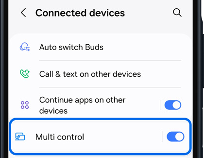 Multi control option selected in the Connected device menu from the Galaxy A16's Settings.