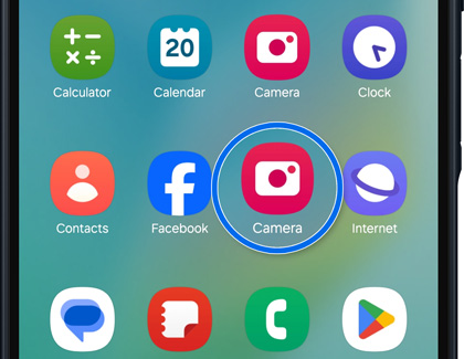 Camera app icon selected from the Home screen on a Galaxy phone.