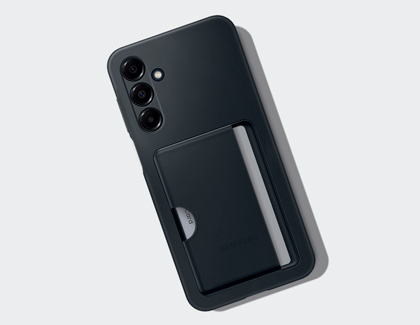 Galaxy A16 phone in a protective case with a built-in card slot.