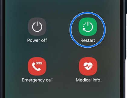 Samsung phone restart screen with options for power off, restart, emergency call, and medical info.