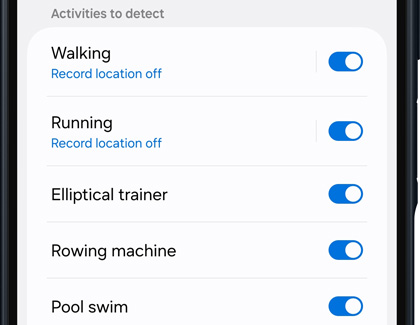 Samsung Health app showing automatic workout detection options like walking and running.