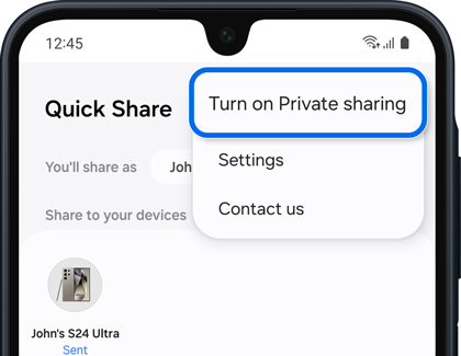 Turn on Private share option selected in the Quick Share menu.