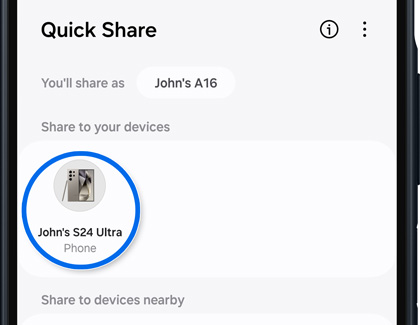 An S24 Ultra selected on the Quick Share screen.