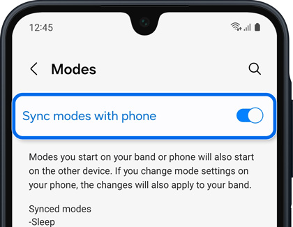 Sleep mode syncing settings with an option to sync modes with phone enabled.