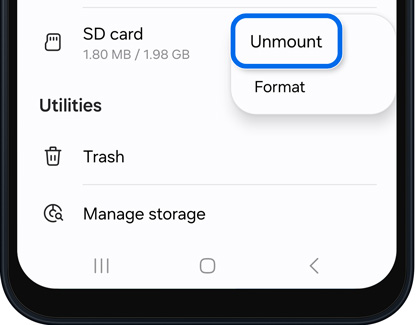 The Unmount option highlighted on the My Files SD card screen.
