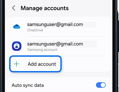 Samsung phone displaying account settings with the 'Add account' option highlighted.