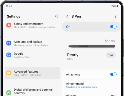 S Pen Settings menu on a Galaxy Z Fold5, showing the S Pen’s battery percentage