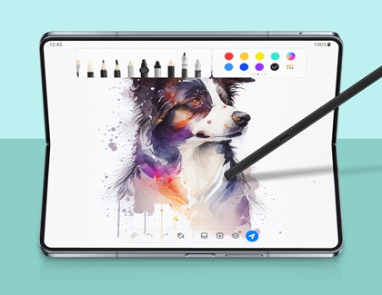 A colorful drawing of a dog on a Galaxy Z Fold5, with the S Pen on its screen