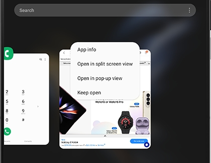 Open in split screen view and Open in pop-up view displayed on the Galaxy Fold4