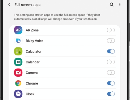 A list of Full screen apps on a Galaxy phone