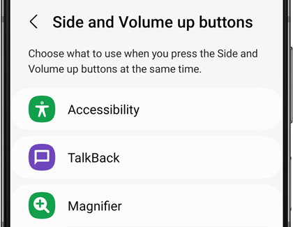 A list of options for Side and Volume up buttons on a Galaxy phone